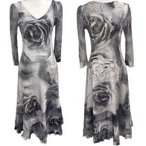 Komarov Silver Rose Lace Floral Pleated Charmeuse Midi Dress Art-to-Wear Medium